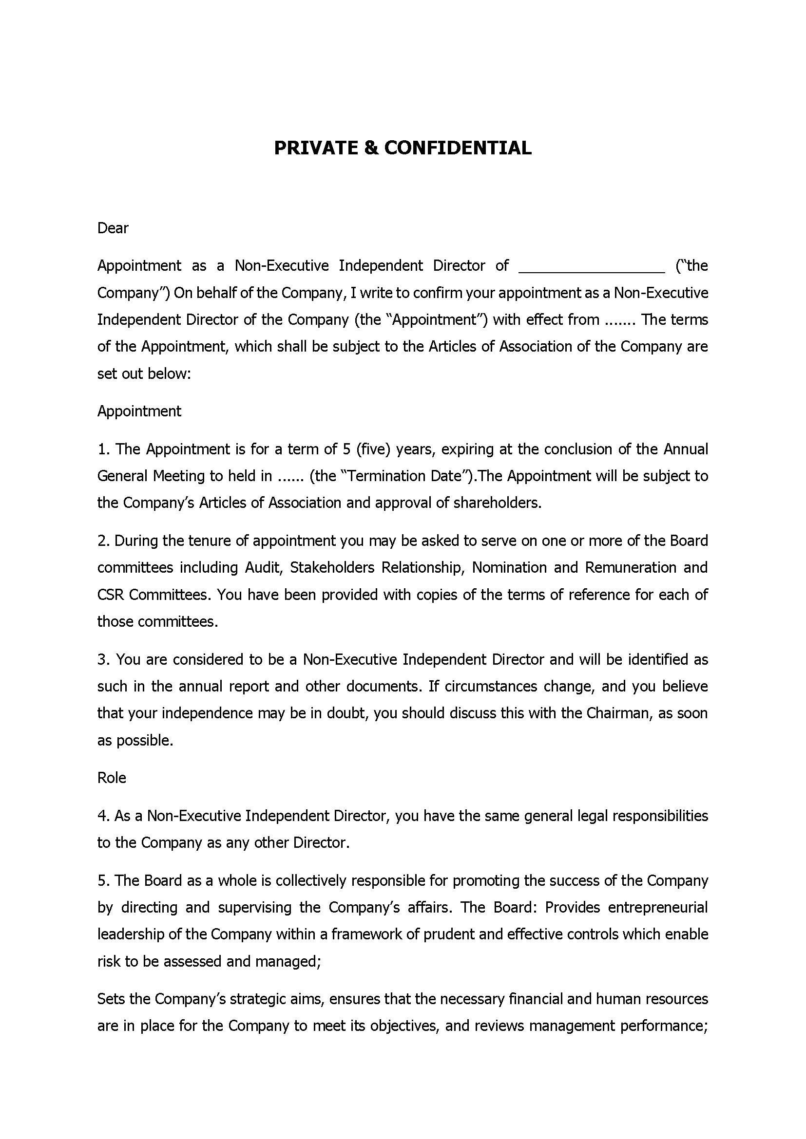 Appointment Letter For Non-Executive Independent Director